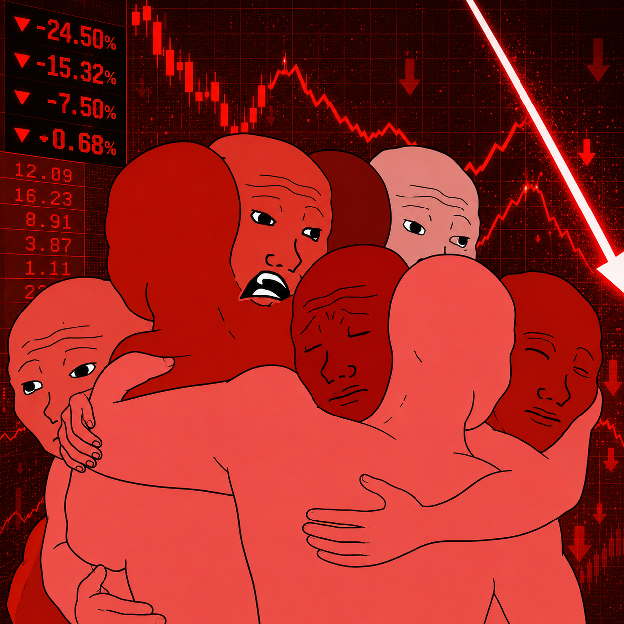 Cartoon wojak investors celebrating the $100B market cap finish line